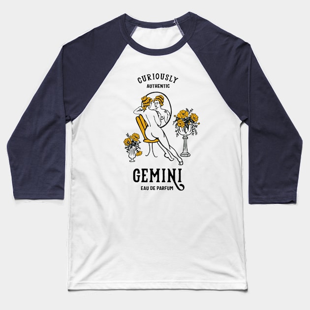 Gemini Eau De Parfum: Curisouly Authentic" Cool Zodiac Art Baseball T-Shirt by The Whiskey Ginger